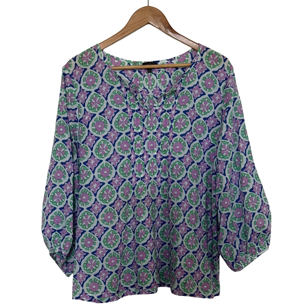 Talbots Relaxed Blue and Purple Puff Sleeve Blouse